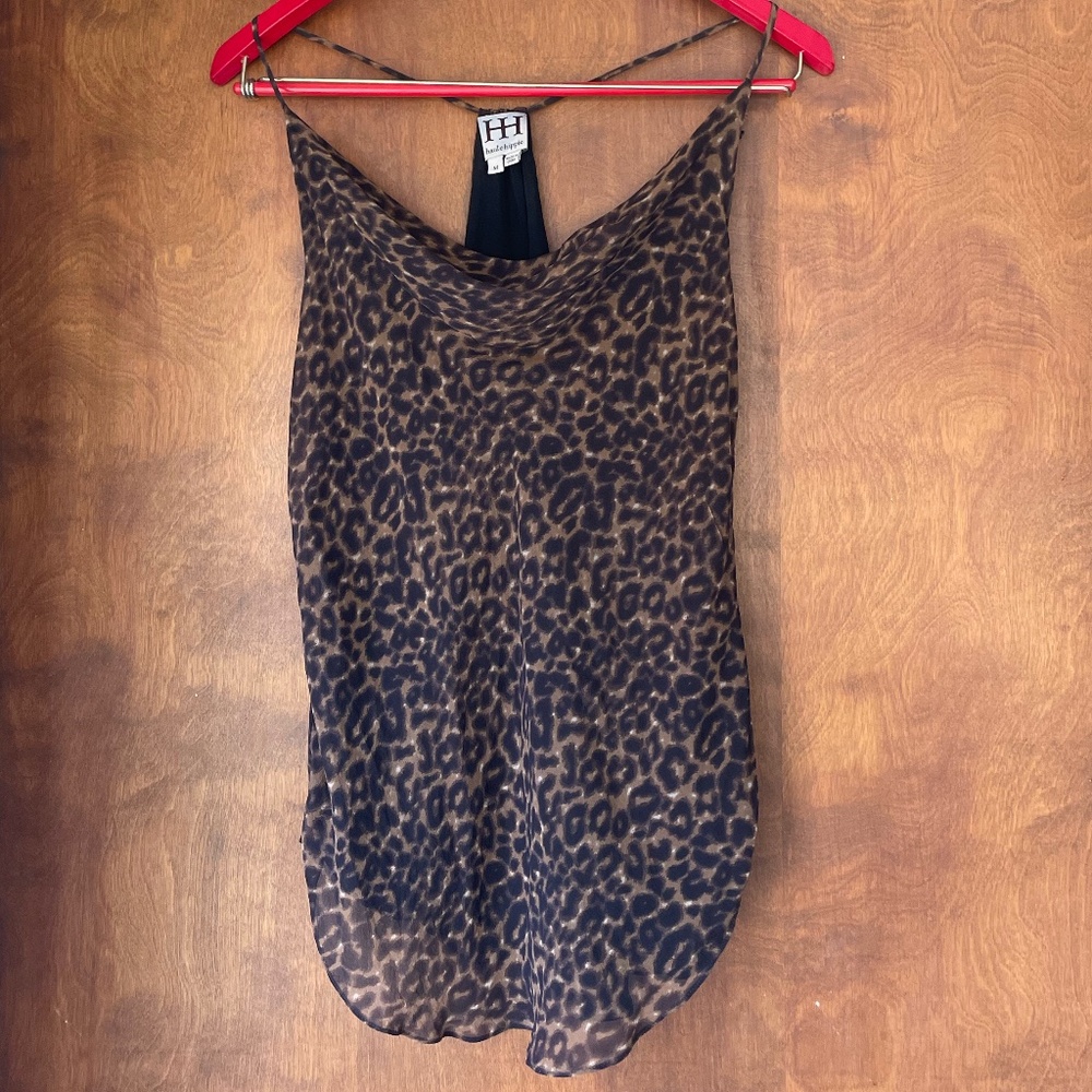 Haute Hippie Leopard Print Cowl Neck Silk Racerback Camisole Tank Top